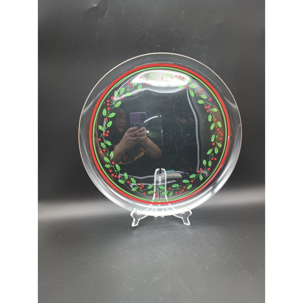 Vtg Large Glass Christmas Platter Holly & Berry Cookie Plate Serving 13"